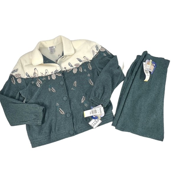 New W/Tags! Vintage 80s Teddi Button Bird Print Teal Fleece Jacket & Pants Set - Picture 1 of 16